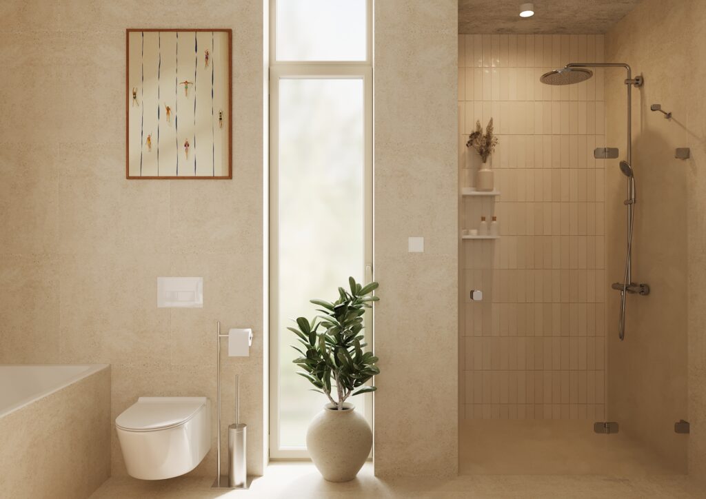 Štýlová prírodná kúpeľňa s elegantnými detailmi a jemným osvetlením – interiérový dizajn Košice