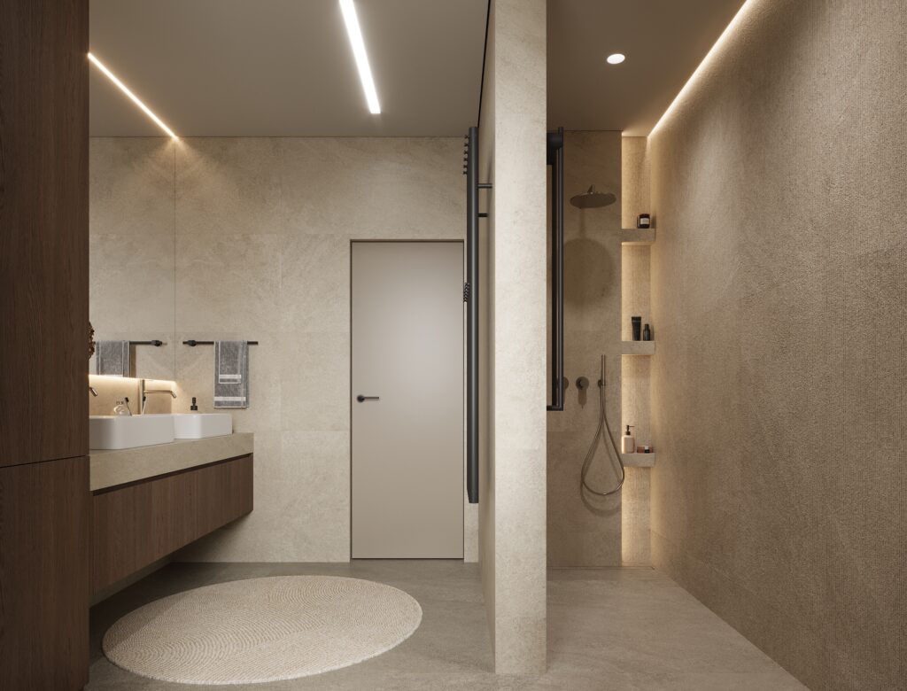 Moderná kúpeľňa s dizajnovým obkladom – návrh interiéru od architekta z Košíc